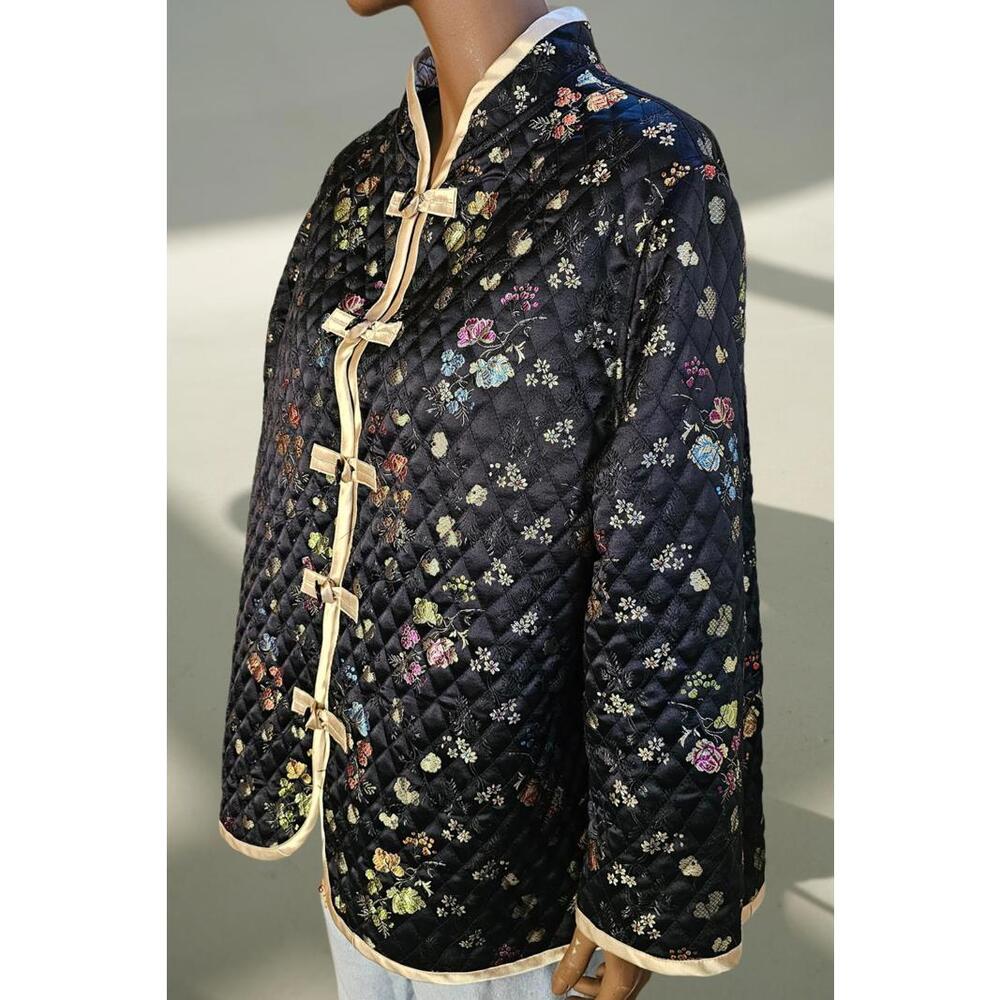 Vintage Chinese style jacket black with pastel pinks and blues florals size L-XL